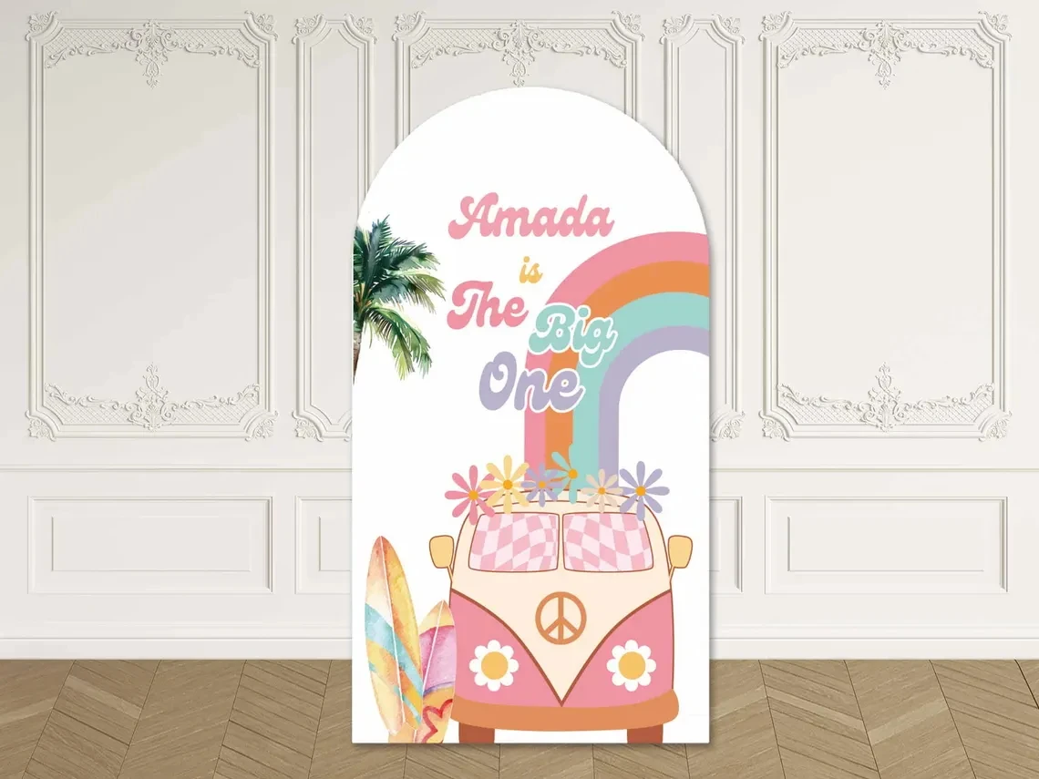 

2-sided The Big One Surf Beach 1st Birthday Arch Backdrop Summer Surfboard Rainbow Palm Tree Background Custom Name Text Decor