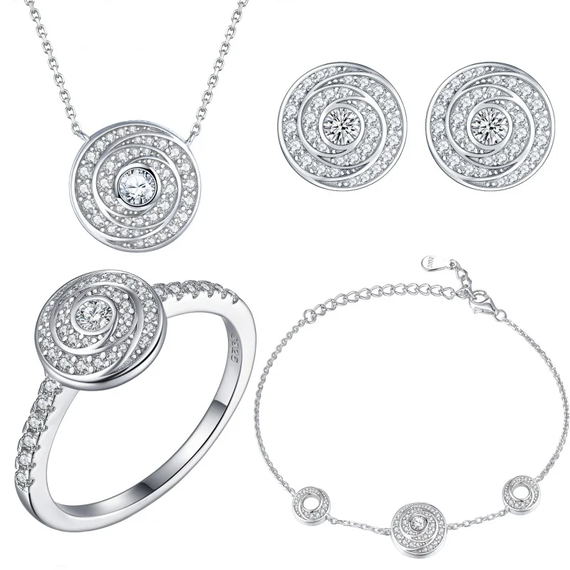 S925 silver ring earring necklace bracelet jewelry time diamond plate set four-piece set