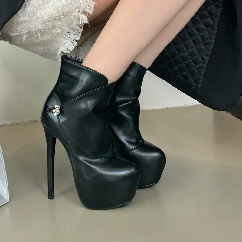 Women Ankle Boots Sexy High Heels Platform Round Toe Leather Booties Ladies Party Nightclub Shoes 16cm