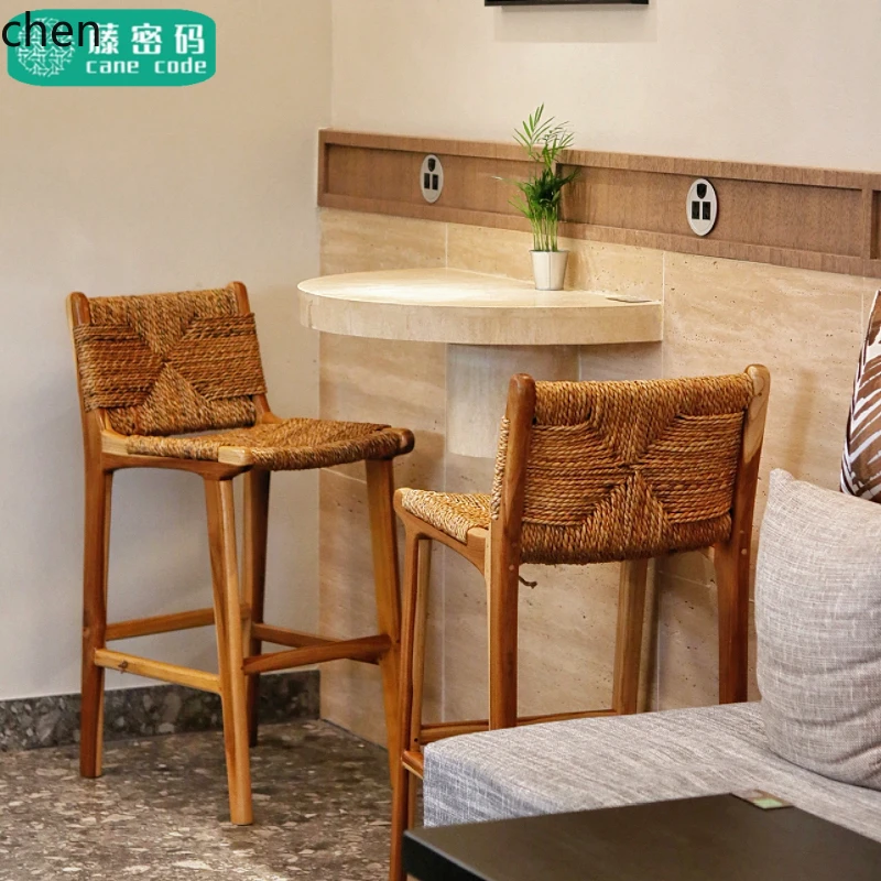 HXL Solid Wood High Stool Rattan Leisure Homestay Bar Chair Home Rope Woven Seat Island Bar Chair