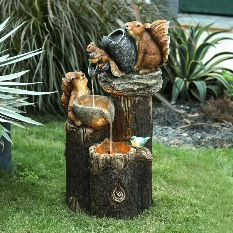 New Animal-Themed Fountain with Flowing Water Solar-Powered Duck and Squirrel Ornaments Resin Statues for Gardens and Yards