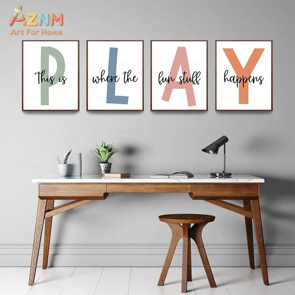 AZNM Playroom Quote Canvas Wall Art Colorful Letter Inspirational Text Print Frameless Canvas Painting Kids Play Area Nursery Ho