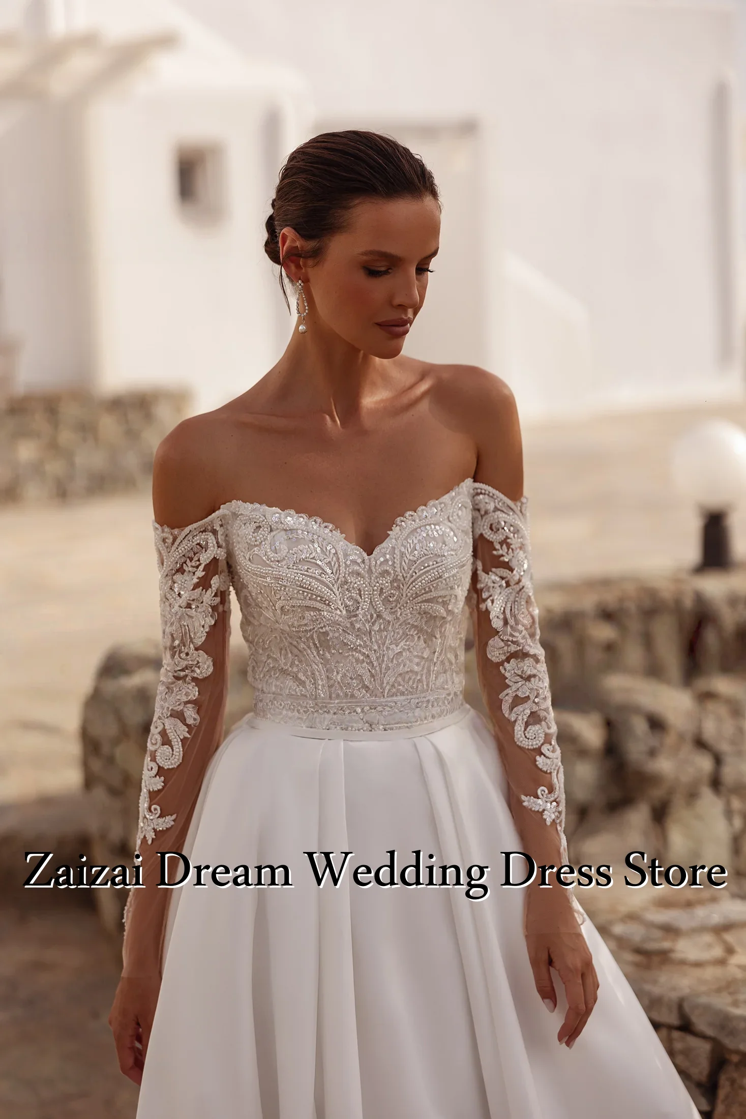 ชุดแต่งงานทรงเอไลน์ผ้าซาตินสุดหรูแบบสั่งตัดสำหรับผู้หญิง แขนยาวลูกไม้ ชุดราตรีงานพรอม ชุดเดรสลูกไม้ปักลาย Vestidos De Novias