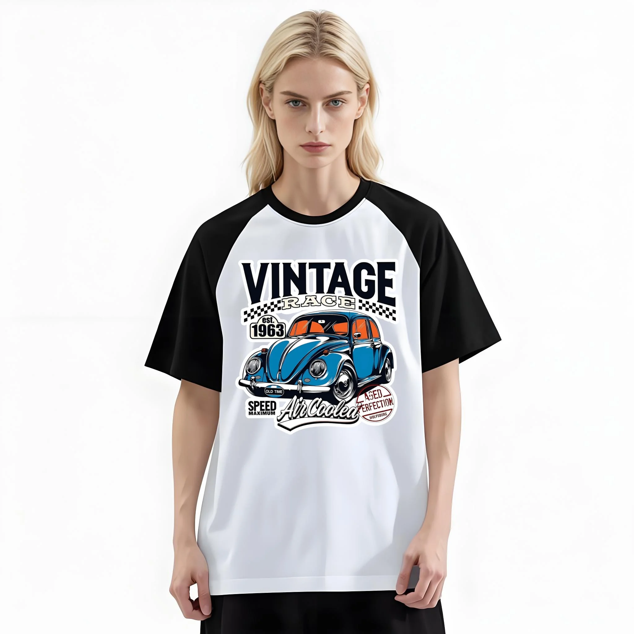 Women'S Fashion Raglan Sleeve T-Shirt, 1963 Vintage Beetle Race Car Retro Racing Graphic Printed, Summer Casual Comfortable Tee, Women'S Everyday Short-Sleeve Top