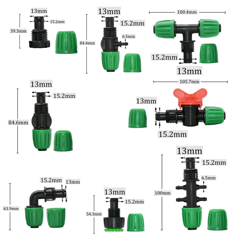 16mm PE Hose Tee Elbow End Plug Tap Connector Water Splitter 5/8  x 1/4'' Reducer Barb Connector Lock Nut Coupling Fitting