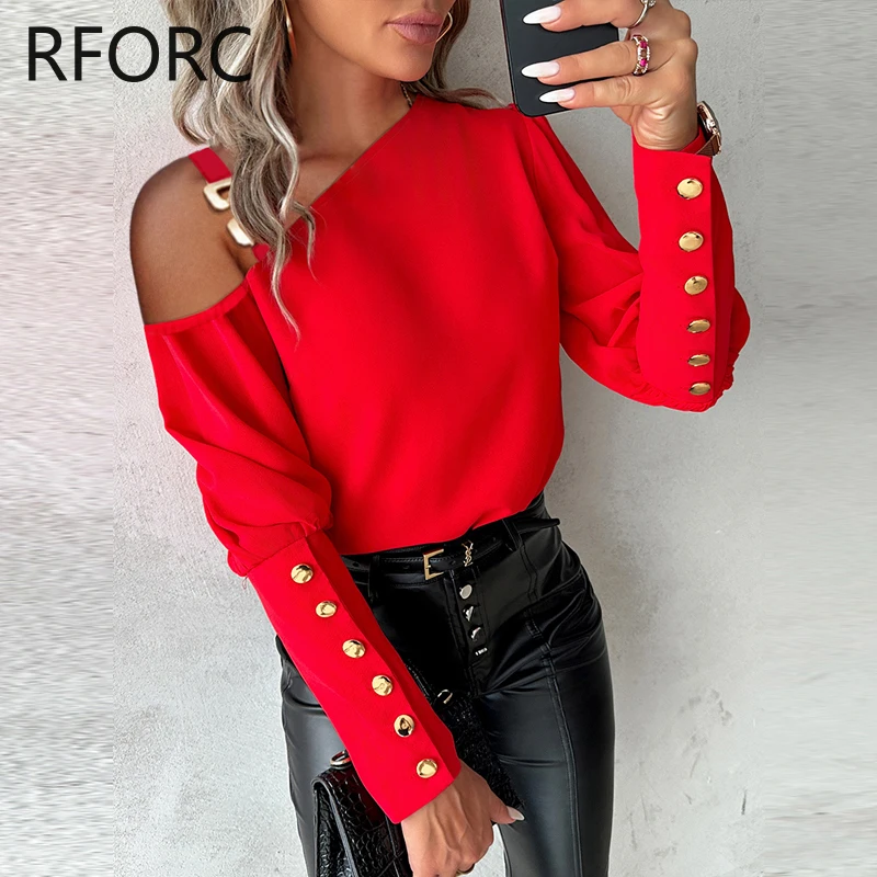 2023 Women One Shoulder Off Solid Button Decoration Thich Straps Long Sleeves Working Red Blouse Tops