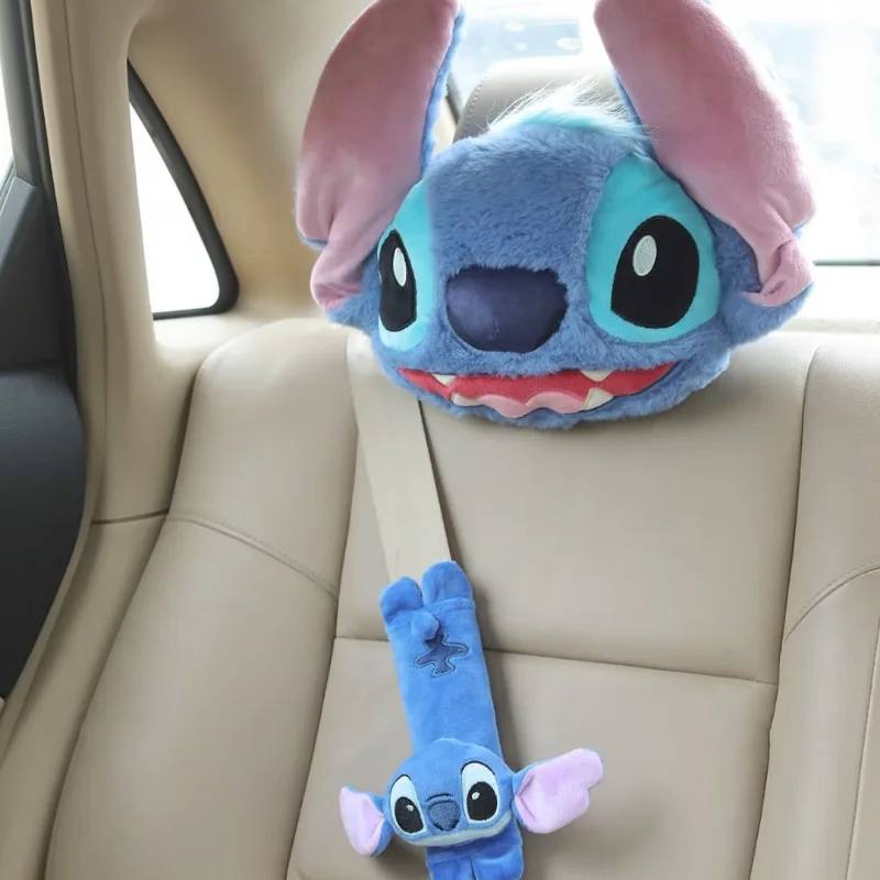 Disney Stitch cute funny car neck pillow cartoon plush four-season universal pillow seat belt protective set