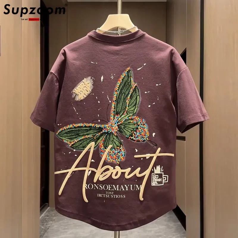 Supzoom New Arrival Summer Top Fashion Printed Butterfly Short O-neck Casual Hip Hop Heavy Texture Cotton Ins Loose Men Tshirt