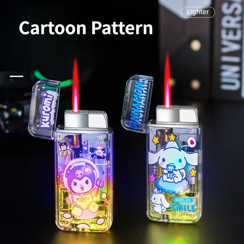 New LED Color Light Transparent Windproof Red Flame Lighter Cartoon Pattern Inflatable Lighter Smoking Accessories Men\'s Gifts