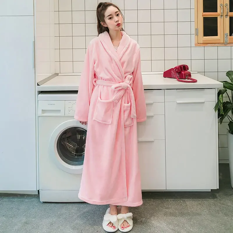 

Lapel Flannel Nighwear Autumn Winter Robe Women Sleepwear Warm Bathrobe Long Sleeve Nightgown Thicken Kimono Dressing Gown