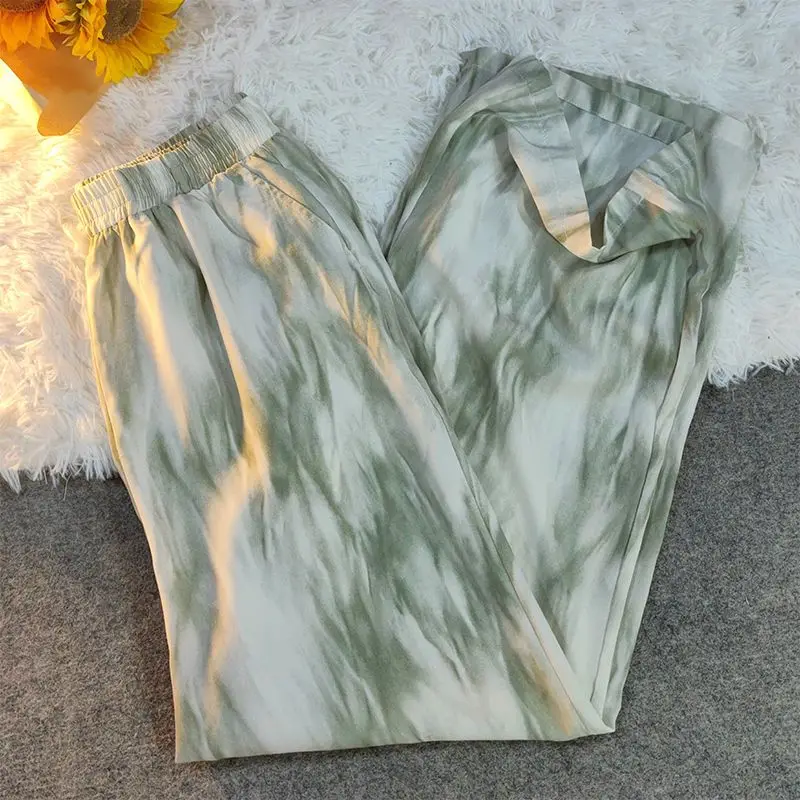 Pantalones Tie Dye para mujer, Pantalones holgados verdes de verano Harajuku, Pantalones acogedores con cintura elástica, Pantalones anchos, ropa de calle para adolescentes, moda coreana