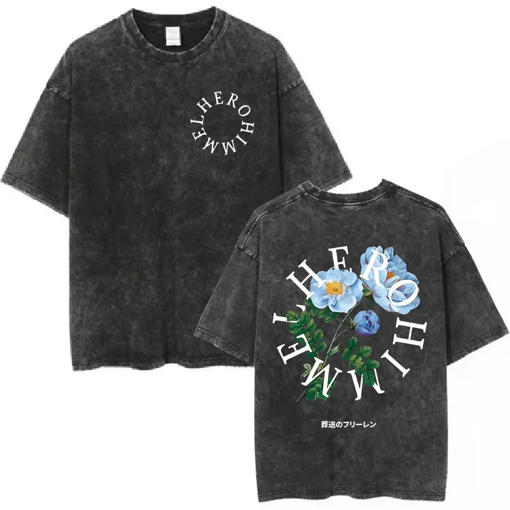 Frieren Beyond Journey's End Group Cast Washed Anime T-Shirt Oversized Black Streetwear Cotton Tee Elf Mage Aesthetic for Fans