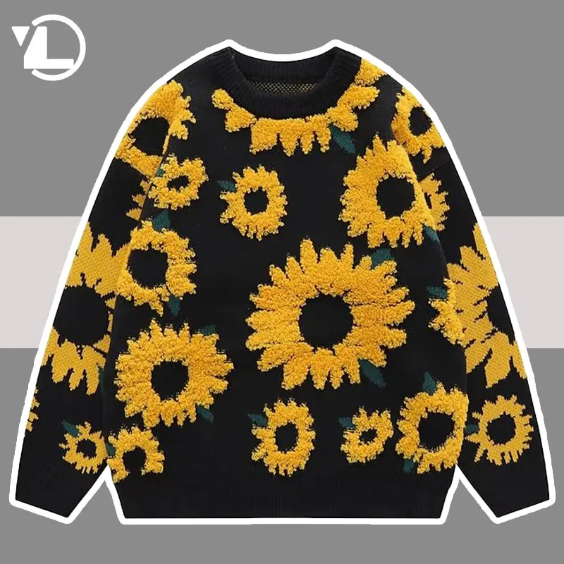 

Vintage Knitted Sweater Men Women Retro Daisy Loose Hip Hop Jumpers Unisex High Street Sweatercoat Autumn Winter Pullovers New