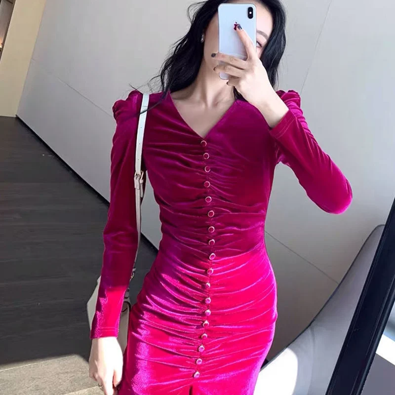 2025 Autumn Winter New Fashionable Irregular Solid Color V-neck Long Sleeve Elegant Dress Ladies Temperament Pleated Dresses
