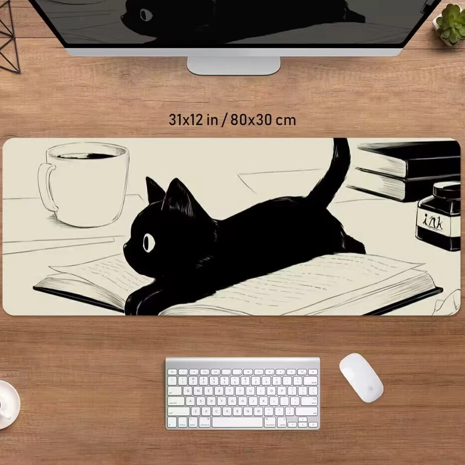 Black Cat Desk Mat Cute Mousepad Anime Aesthetic Mouse Pad XXL Gaming Deskmat 900x400 Coffee Beige Kawaii Manga Mice Mat Soft