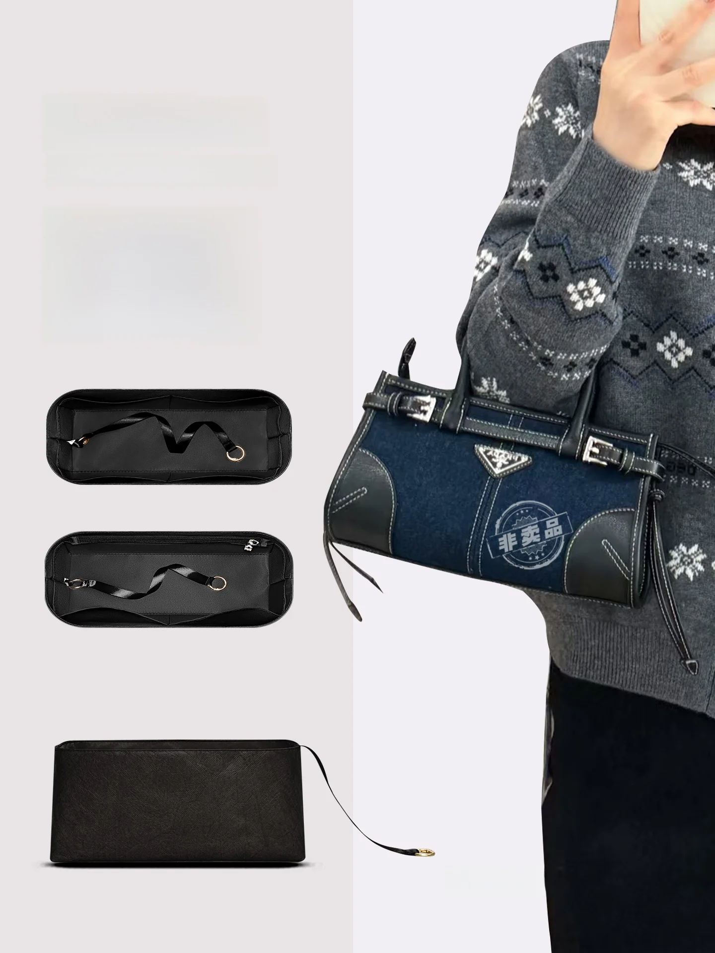 

Snan Soft Lux Bonnie Inner Denim Medium Large Cosmetic Bag Lightweight Home Storage Organizer Cubic Structure Handbag