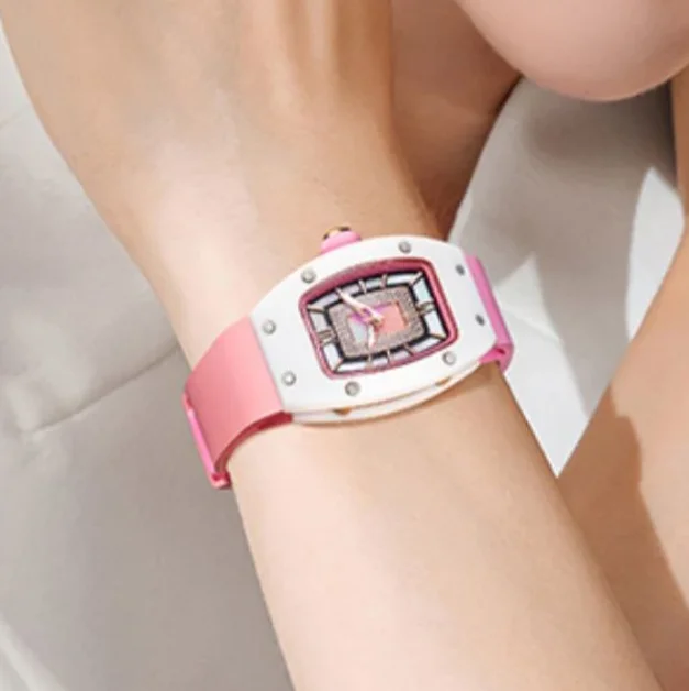 

BONEST GATTI женские автоматические часы 32 мм женские часы Tonneau механические наручные часы с сапфировым стеклом керамический безель ремешок из фторкаучука