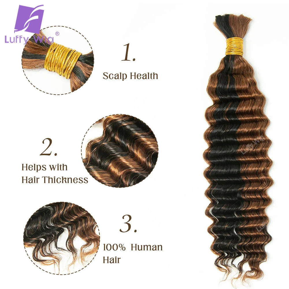 Deep Wave Bulk Cabelo humano para trança, destaque, Remy birmanês duplo desenhado, encaracolado, Boho Box, extensões de tranças, sem cor de trama 30