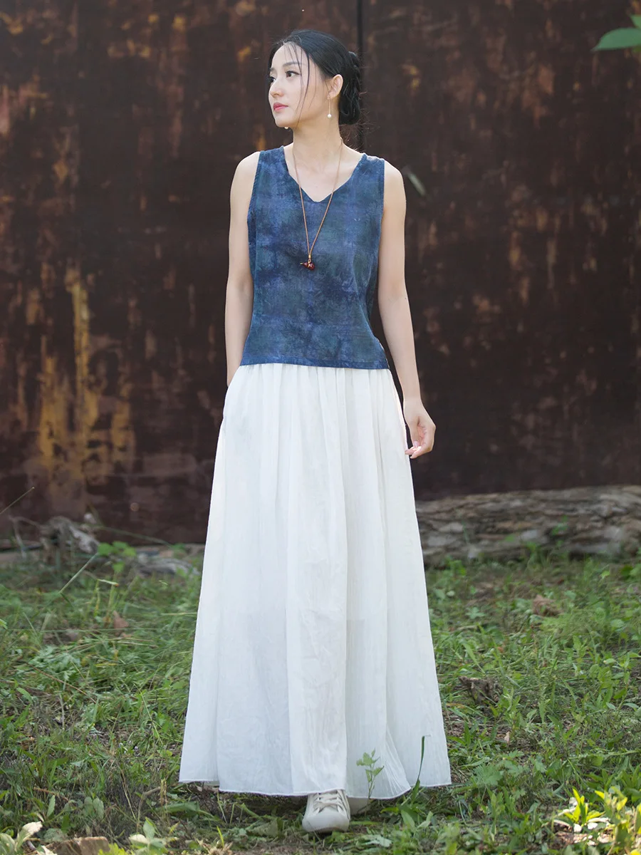 New Chinese Style Women's Summer Fashion Slimming High Waist Long Skirt Elastic Waist Double Layer Half Body Skirt