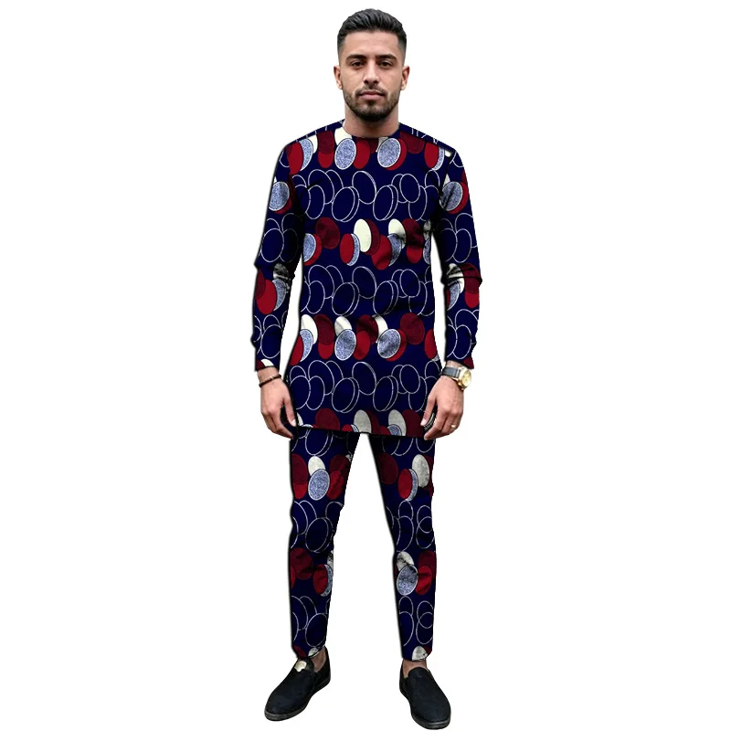 African Couture Nigerian Print Men's Long Sleeve Shirt And Pant Set Traditional Festival Groom Suit Male Party Wear Tailored