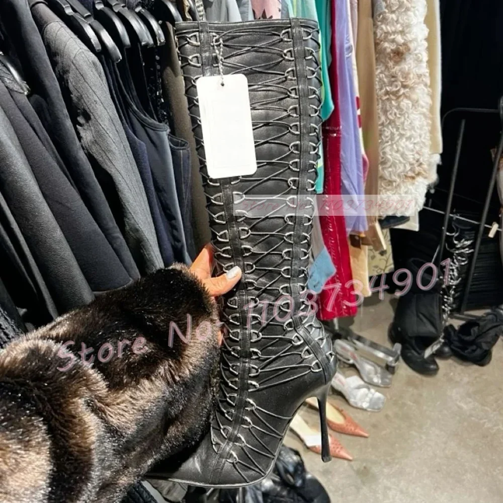 

Black Cross Tied Pointy Toe Knee High Boots Women Metal Rivet Side Zipper Patent Leather Shoes Ladies Trendy High Heels Boots