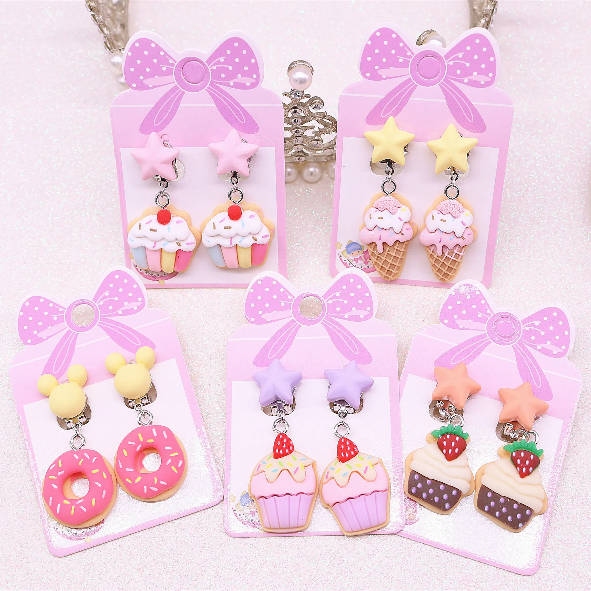 Pink Cute Donut Ice Cream Cup Cake No Pierced Clip on Delicious Earrings For Kids Teens Girls Cute Lovely Earring Jewelry