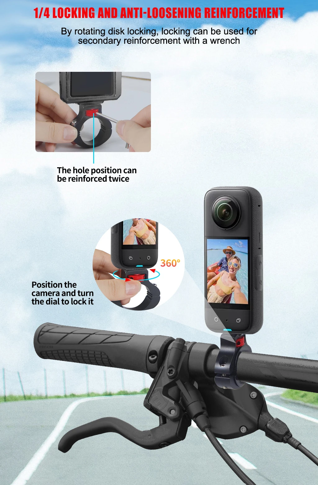 1/4 Schraube Motorrad Lenker Clip Halter Fahrrad Klemme Lenkrad Halterung Metall für Gopro 13 Insta360 DJI OSMO 360 Action Kamera – Detail 2