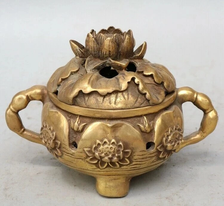 

Chinese antiques Fengshui copper ware brass Lotus Incense burner