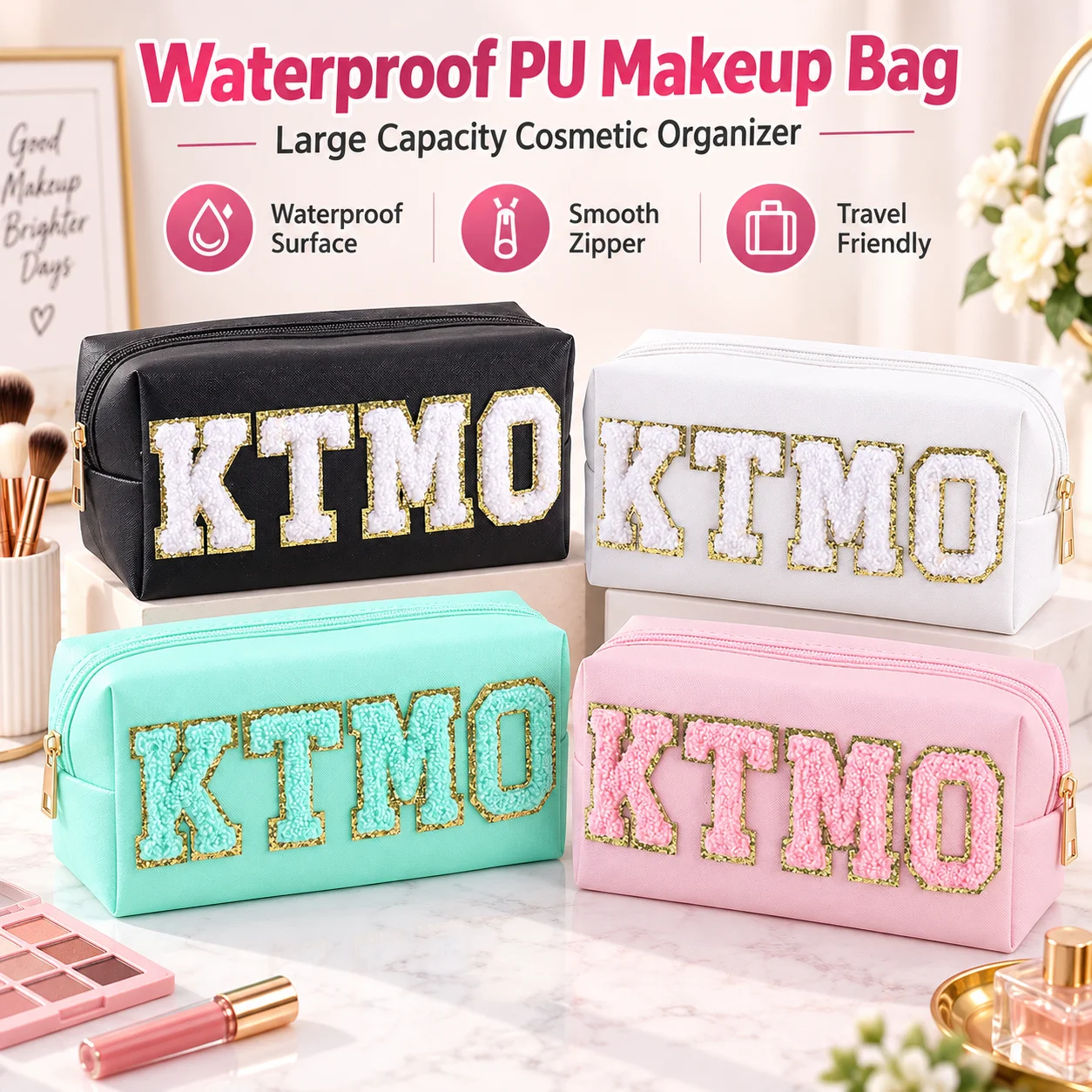 Chenille Letter Makeup Bag Pu Waterproof Cosmetic Pouch Large Capacity Exquisite Travel Toiletry Bag Makeup Portable For Women