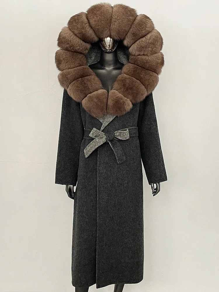 Damski płaszcz z długim kapturem, kolorowy, z kołnierzem z prawdziwego futra lisa, wełniany, nowy model na jesień i zimę 2025, z paskiem, 100% wełna.