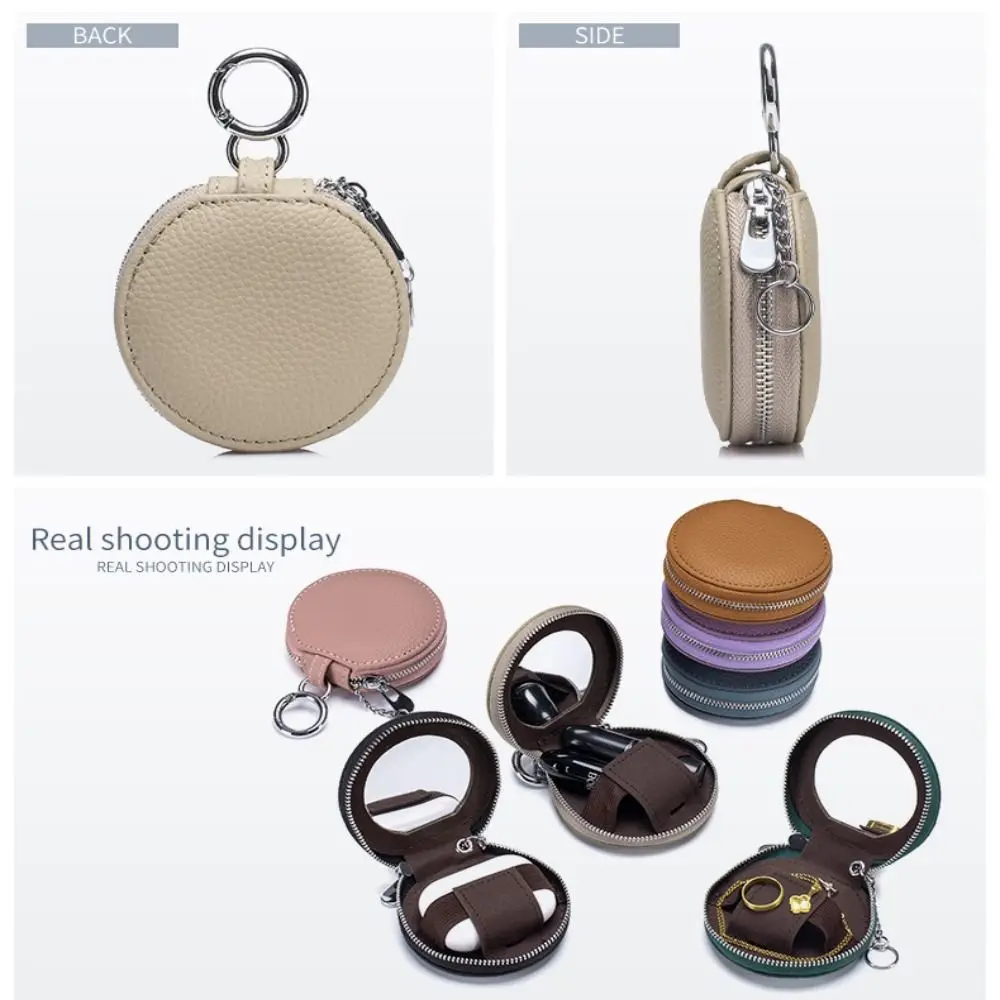 

Portable Cute PU Leather Coin Purse with Mirror Zipper Round Wallet Korean Style Small Lipstick Storage Bag Bag Pendant Decor