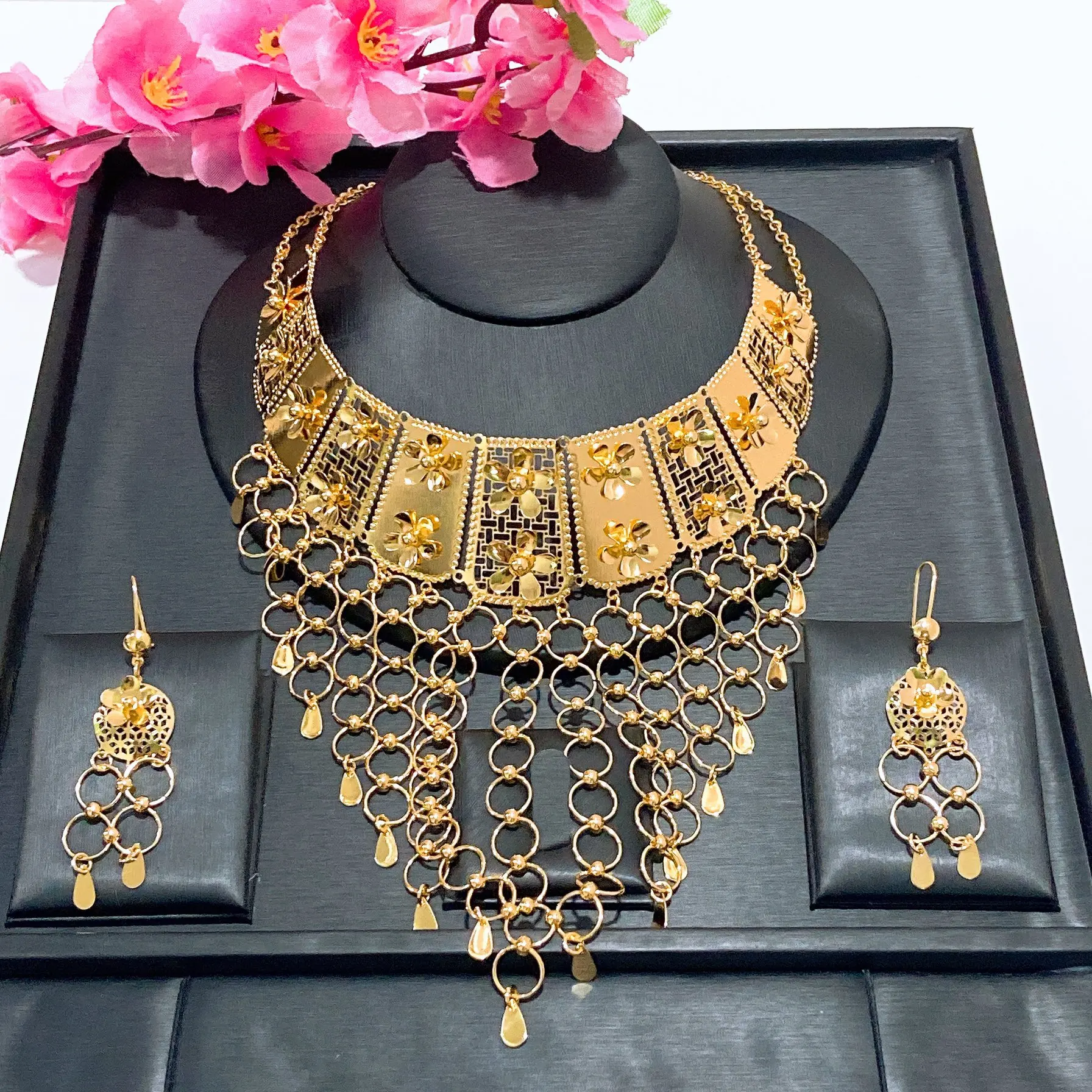Special Fine Net Scarf Shape Light Weight Jewelry Set Hotsale Textured Gold Plated Necklace Bracelet Earrings Ring 4PC Jewellery