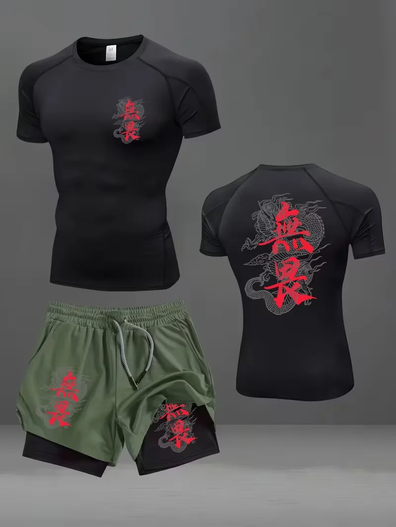 New men's slim fit suit quick drying round neck quick drying sports T-shirt+double-layer pants gym running hiking football sport view 3