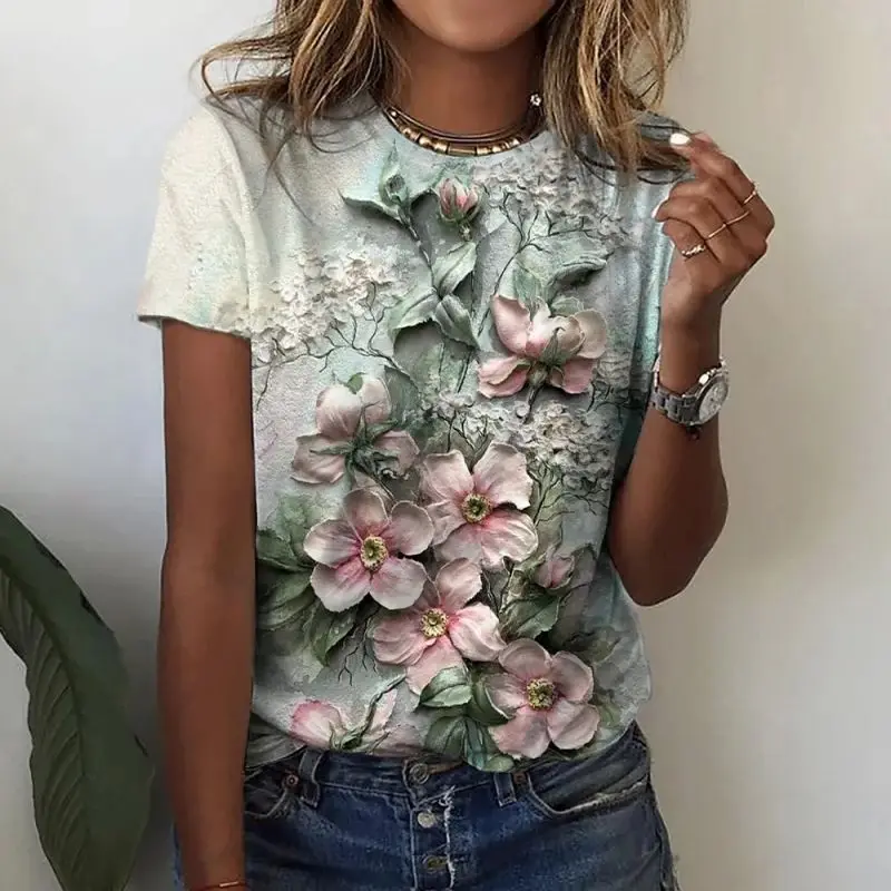 2024 Summer Women\'s T-Shirt Fashion Flower T-Shirt Beautiful Landscape Painting T-Shirt Women\'s Top Printed Oversized Pullover