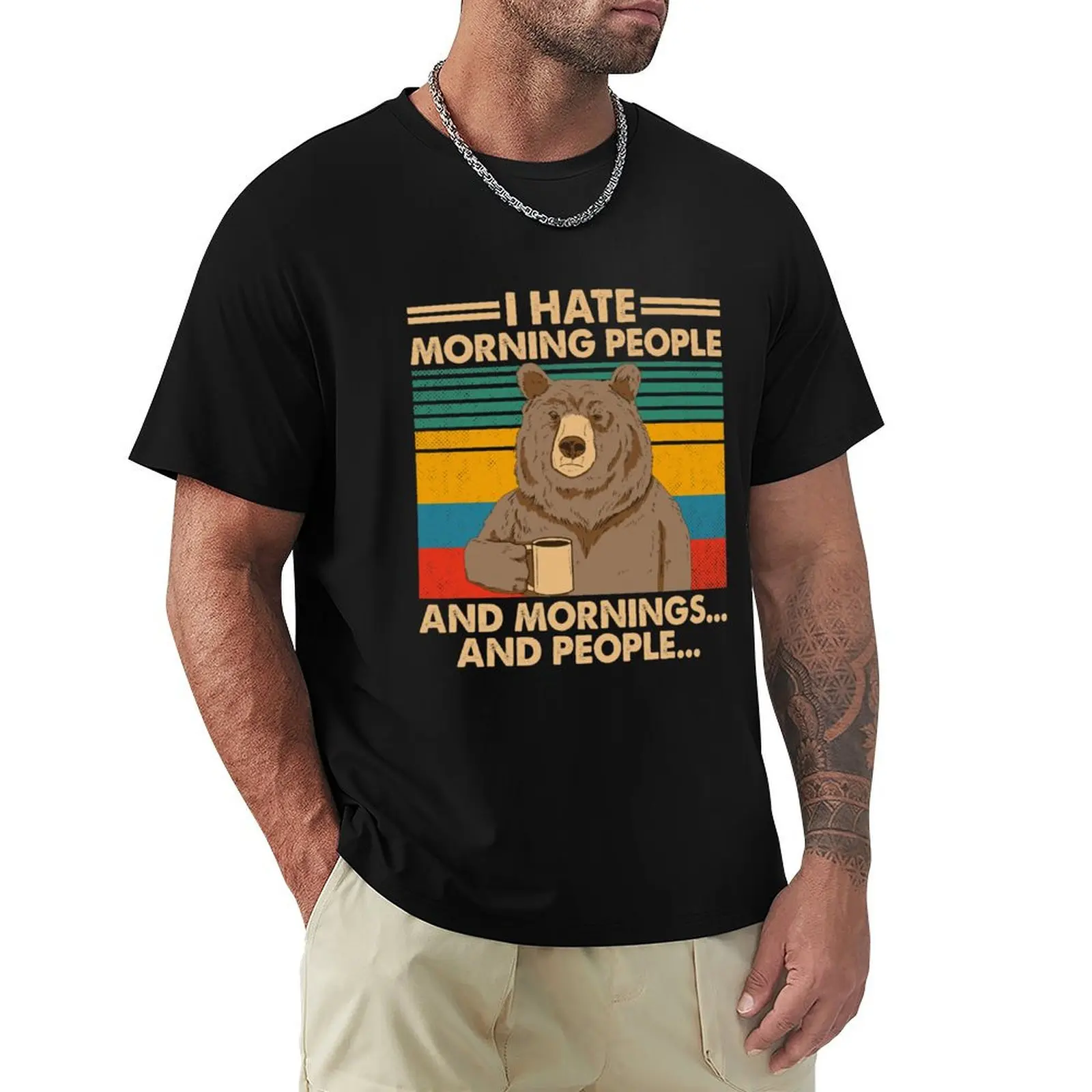 

I Hate Morning People And Mornings And People Funny Bear Drinking Coffee Vintage T-Shirt plus sizes mens tall t shirts