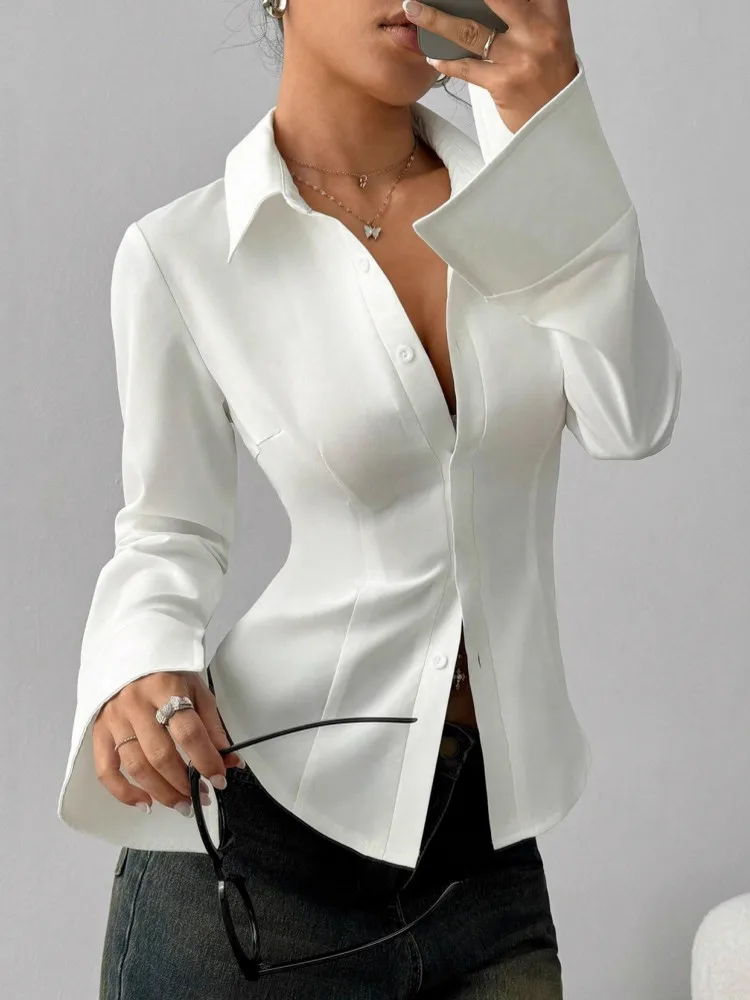 Women's Slim Fit Long Sleeve Blouse Office Shirt
