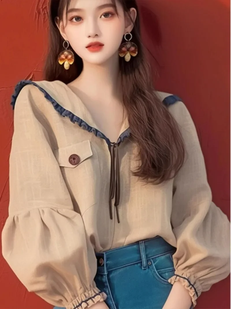 Vintage Women\'s Blouses Spring/Summer New Solid Loose Fit Tops Long Sleeves Korean Clothing Sales Ruffles Women Shirts