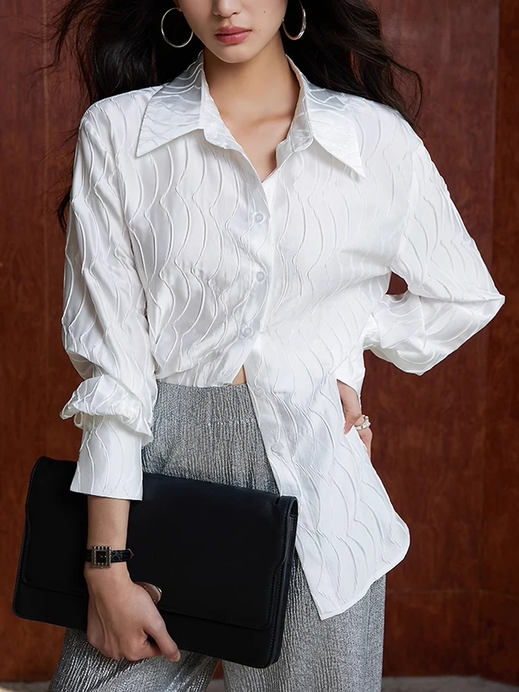 

Textured Satin White Shirt Women New Loose Casual Turn-Down Collar Long Sleeve Black Blouse Female Office Ladies Elegant Tops