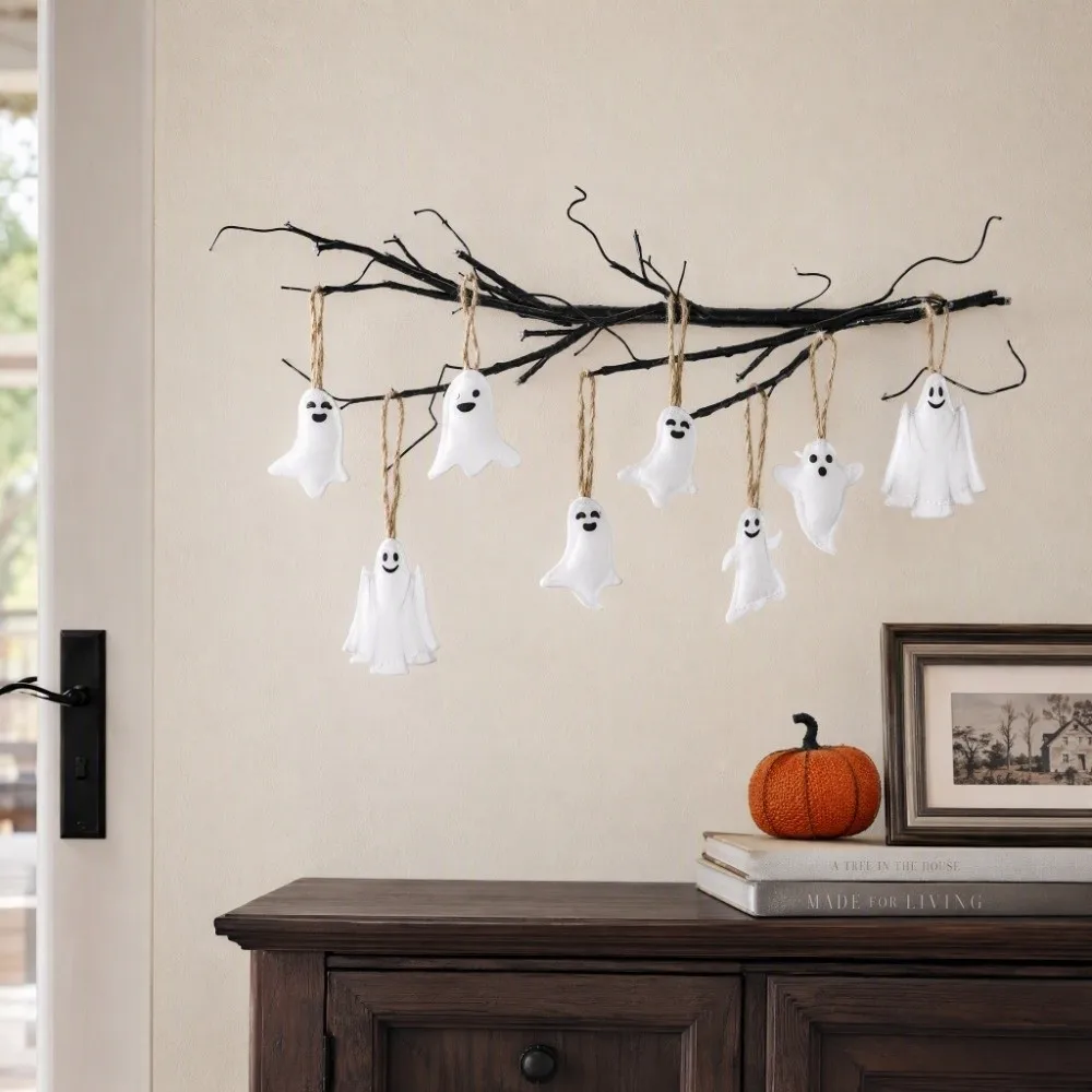 24PCS Ghost Venue Layout Halloween Ghost Hanging Decoration Hangable Halloween Party Halloween Ornament Felt White Ghost 24PCS