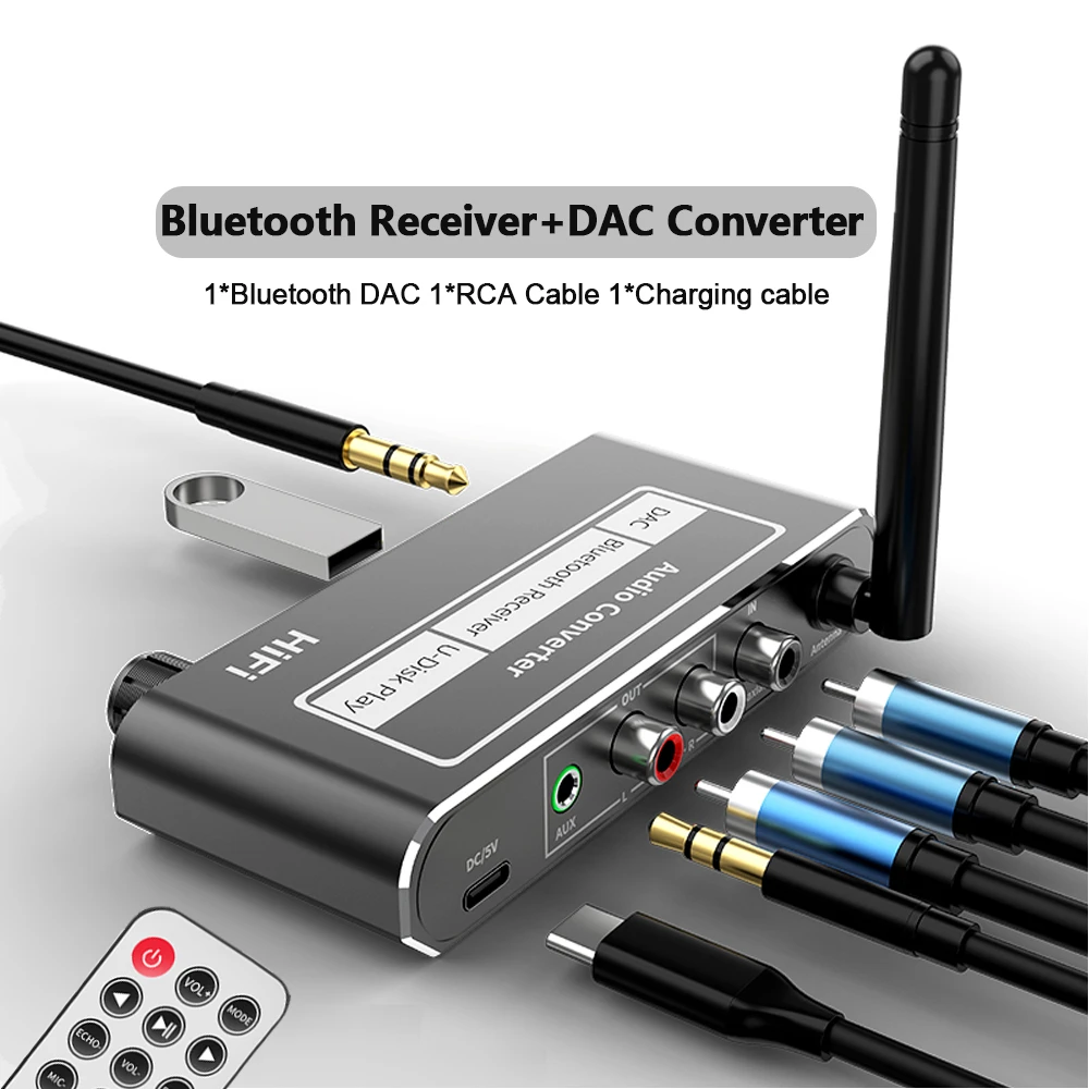 

Wireless DAC Converter Bluetooth-compatible 5.2 Receiver Audio Coaxial to R/L 3.5mm Aux Adapter