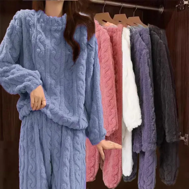 

Новый зимний жаккардовый термокомплект из кораллового флиса для пар, толстый топ и брюки с длинными рукавами на флисовой подкладке, теплый пижамный комплект домашней одежды