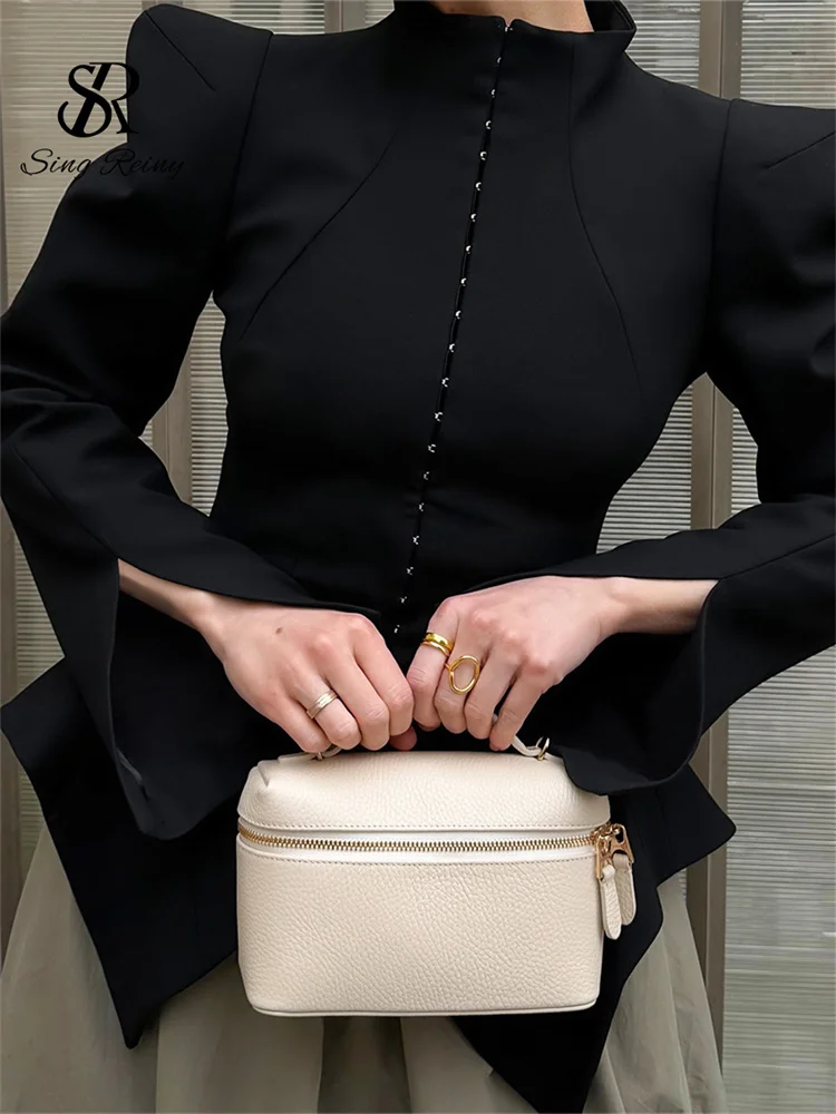 Senior Black Party Blazer Women Mermaid Hem Slit Flared Sleeve Slim Gothic Top Autumn Office Lady Classic Fashion Coat