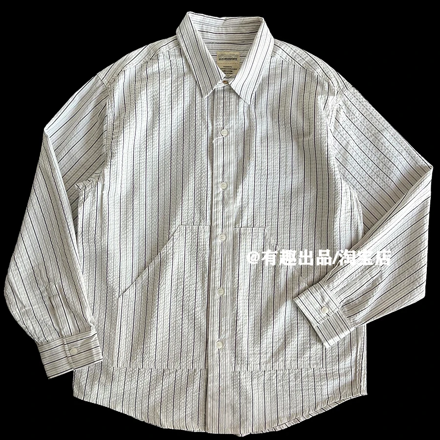 

Japanese Workwear Stripe Shirt Oversized Camp Collar Poplin Long-Sleeve Blouse with Seersucker Texture Retro Streetwear Style