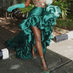 Dark Green High Low Women Skirt Ruffles Big Flowers Women Clothes Black Girls Formal Birthday Wear faldas para mujeres