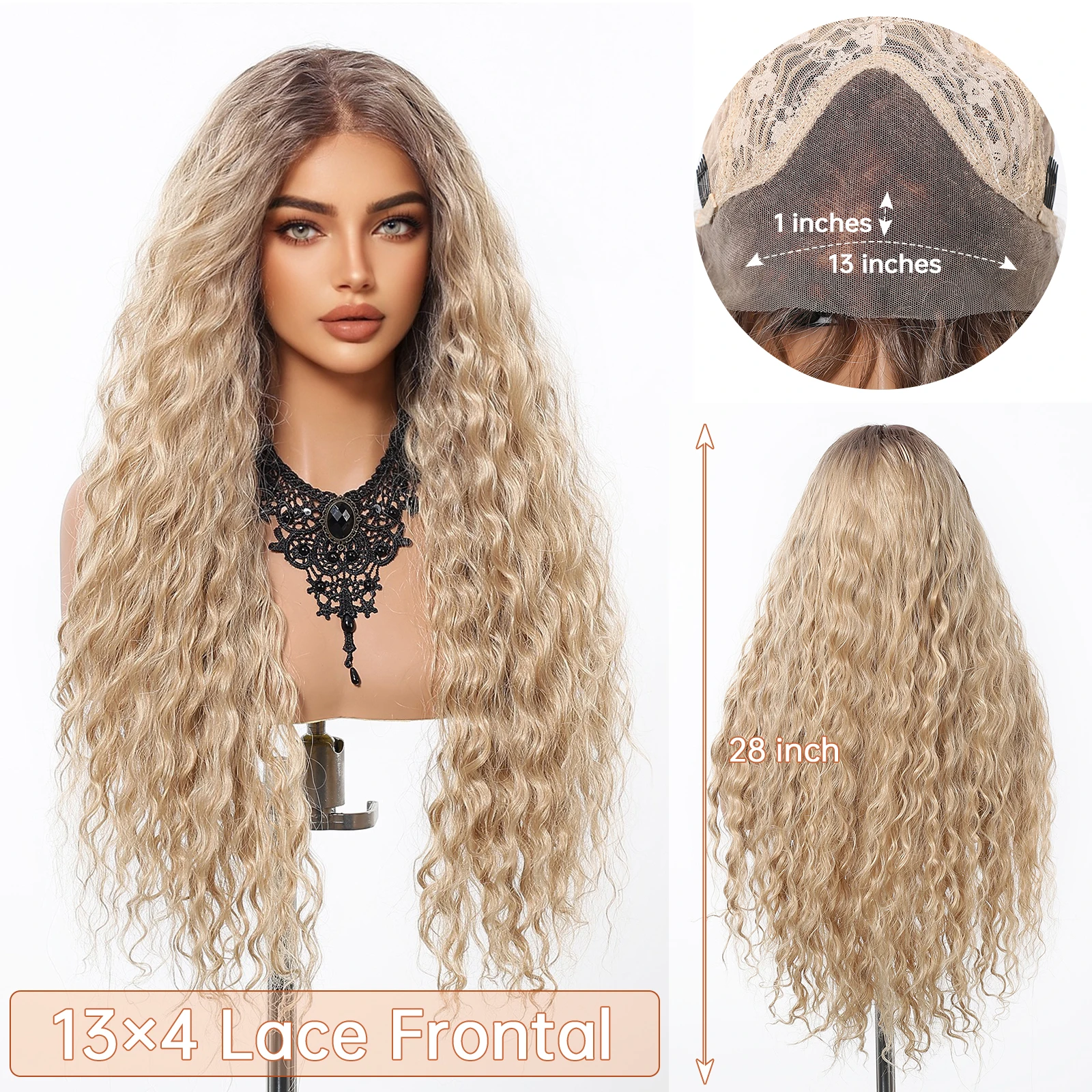 HAIRCUBE Honey Blonde Curly 13x4 Lace Front Wig for Women Ombre Dark Roots Heat Resistant Synthetic Hair Daily Cosplay Party Use