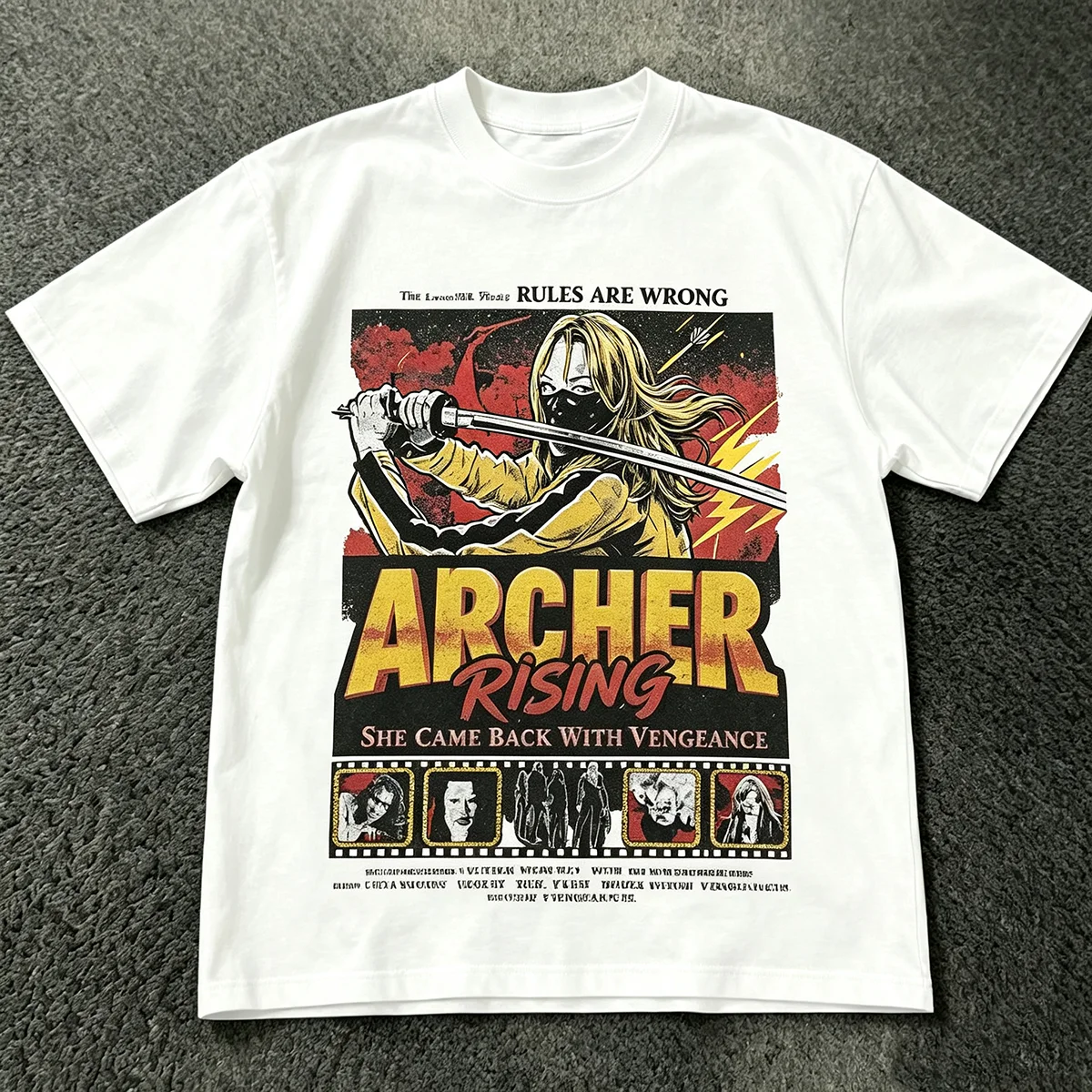 Archer Rising She Came Back With Vengeance Vintage Movie Poster Graphic T‑Shirt Retro Samurai Warrior Girl Action Print Unisex Cotton Streetwear Short Sleeve Tops for Men Women Action Movie Fan Gift
