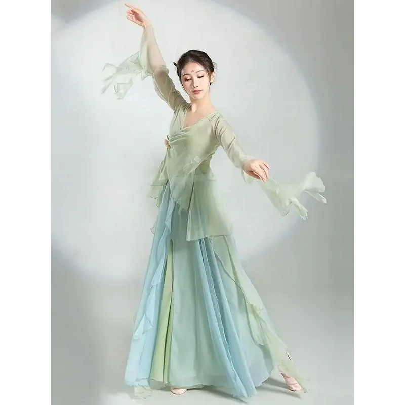 Vestido de dança clássica chinesa, meia saia fluindo, estilo nacional, traje de palco