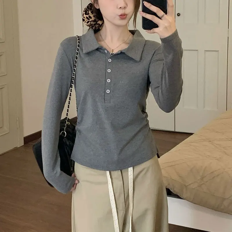 

Korean Polo-Neck T-shirt Spring Autumn Long Sleeve Women's Clothing Basic Button Solid Color Fashion Irregular Folds Pullovers