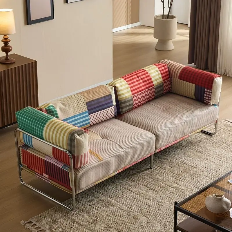 Medieval style rainbow sofa small apartment living room double triple retro dopamine fabric straight row sofa
