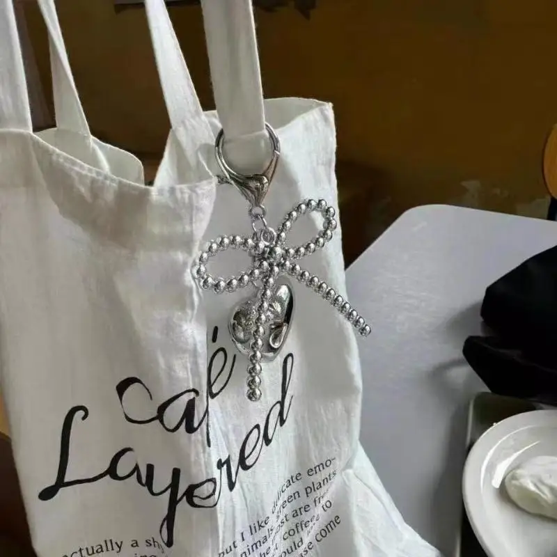 

Y2K Simple Bow Heart Keychain Ins Style Sliver Beaded Bowknot Keyring Aesthetic Bag Pendant Key Hanging Decoration Girly Gifts